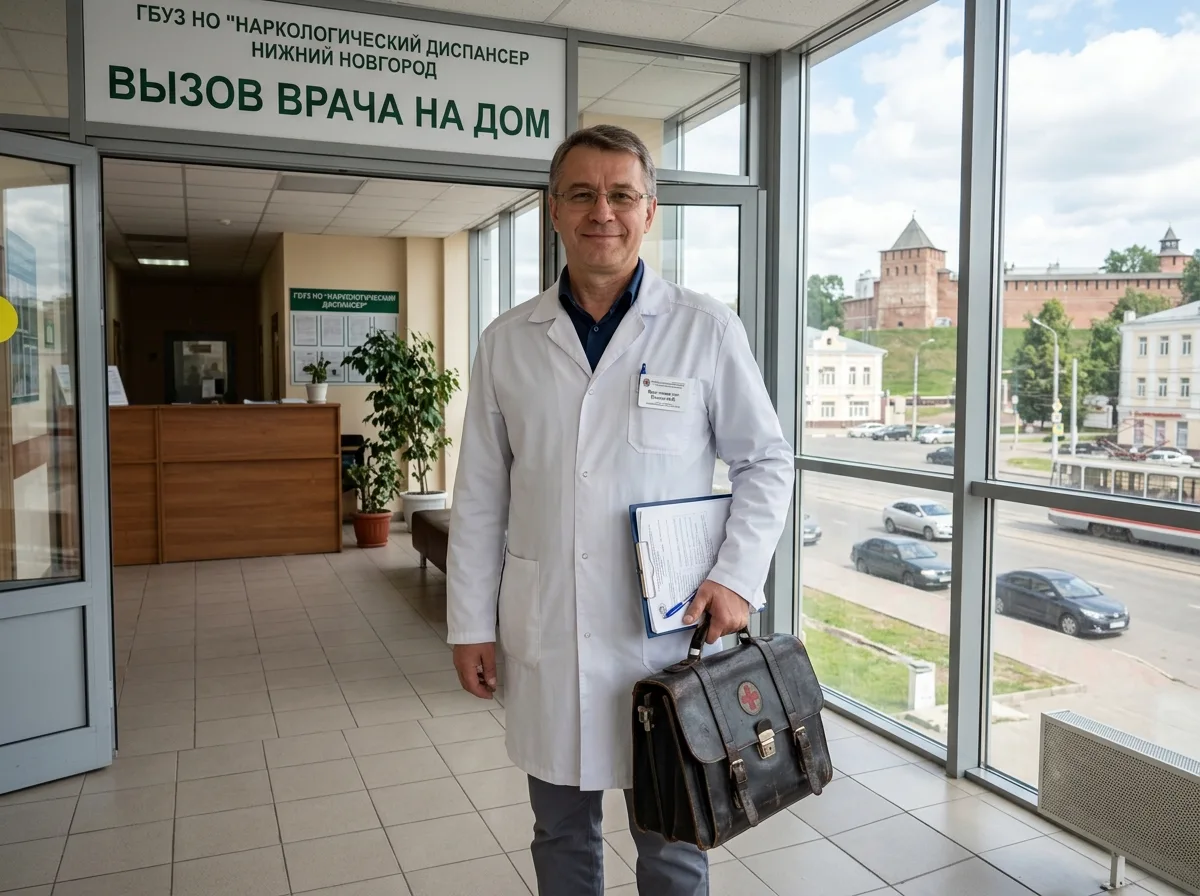 Опытный врач-нарколог в белом халате с медицинским чемоданом готов к выезду на дом в Нижнем Новгороде, уверенный и спокойный вид, профессиональная обстановка